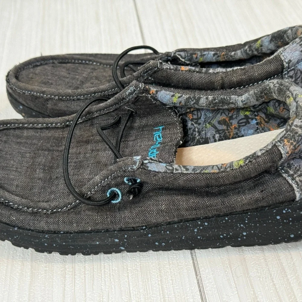 Hey Dude Wally Youth Chambray Wave Ride Shoes Black Denim Kids Size 3 US‎ Youth